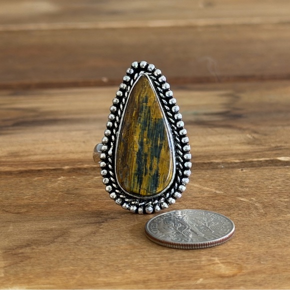Vintage Style Genuine Lion Skin Jasper Gemstone Ring Size 8.75 Silver Plated - Picture 2 of 4